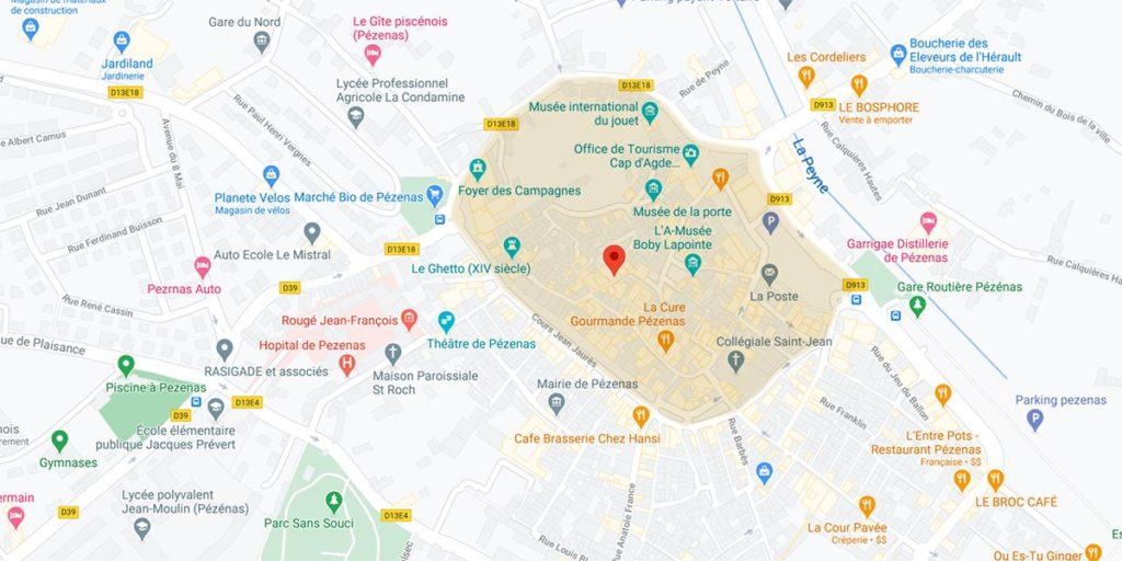 carte-pezenas-centre Rue Alfred Sabatier et centre historique de Pézenas